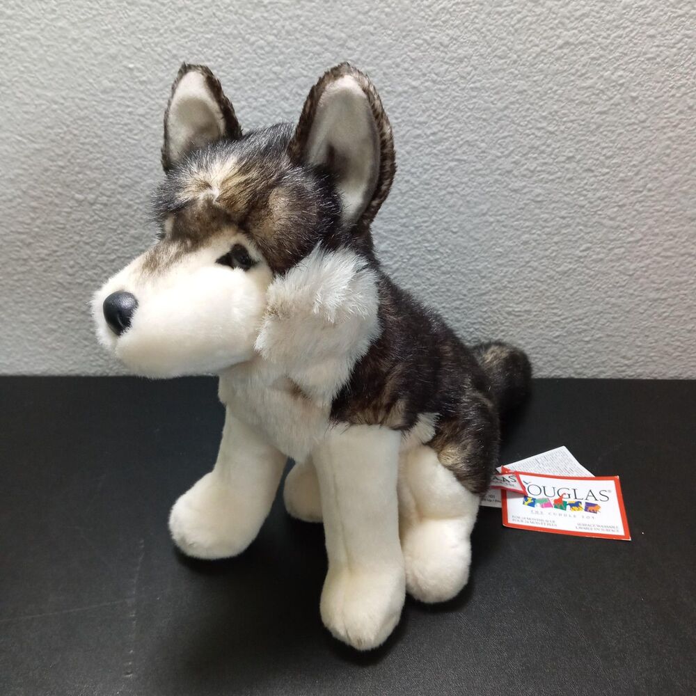 Douglas ATKA WOLF Stuffed Animal REALISTIC Black Tan Cream Huskie Plush NWT
